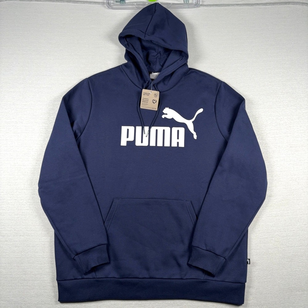 Puma Essentials Big Logo Hoodie Mens XL Blue Cotton Stretch Pullover NEW